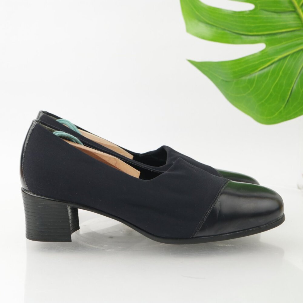 Munro Womens Julia Pump Size 7 WIDE Navy Blue Satin Block Heel Slip On Work Shoe